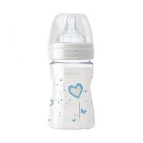 CHICCO Well Being Γυάλινο Μπιμπερό Μπλε Θηλή Σιλικόνης Αργή Ροή 0+ 150ml