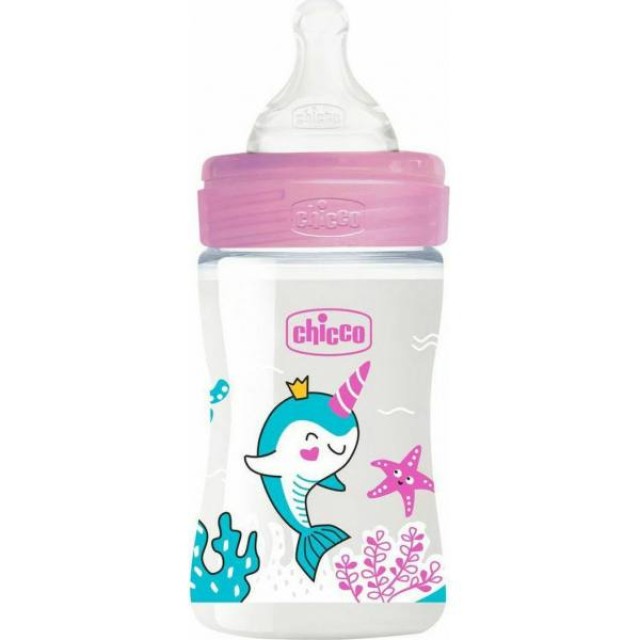 Chicco Πλαστικό Μπιμπερό Well Being Κατά των Κολικών με Θηλή Σιλικόνης 150ml για 0+ μηνών Pink Φάλαινα