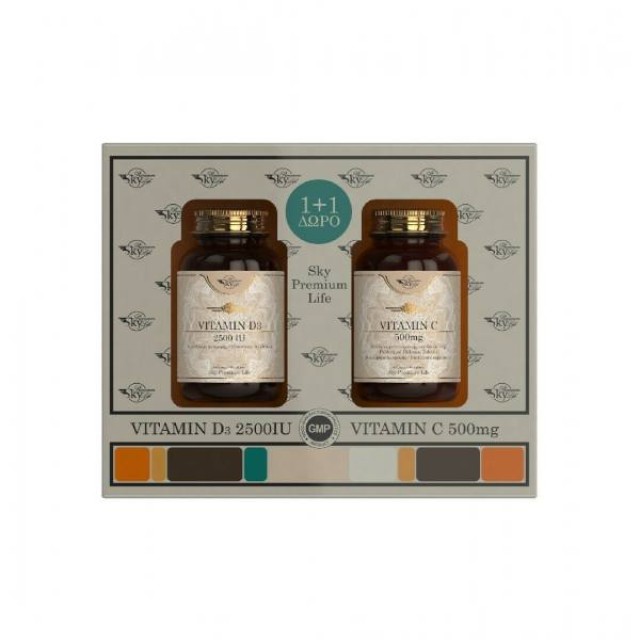 Sky Premium Life PROMO PACK Συμπλήρωμα Διατροφής Vitamin D3 2500IU 60Tabs & ΔΩΡΟ Vitamin C 500mg 60Tabs.