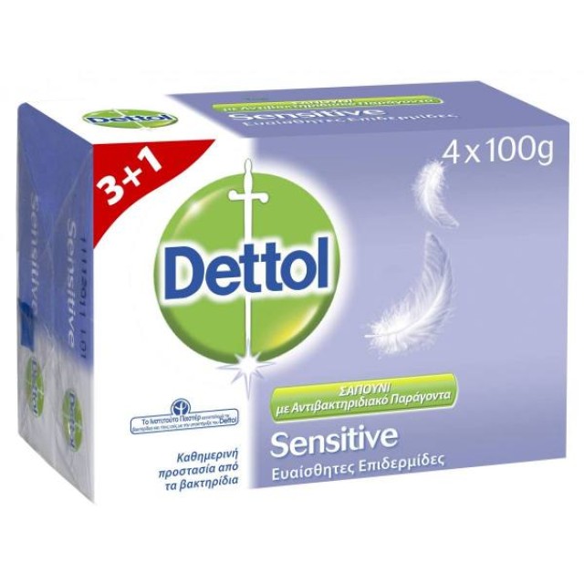 Dettol Sensitive 3+1 ΔΩΡΟ Αντιβακτηριδιακό Σαπούνι για Ευαίσθητες Επιδερμίδες, 4 x 100gr