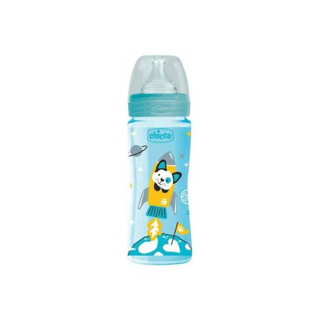 Chicco Πλαστικό Μπιμπερό Well Being Κατά των Κολικών με Θηλή Σιλικόνης 330ml για 4+ μηνών Blue Διαστημόπλοιο