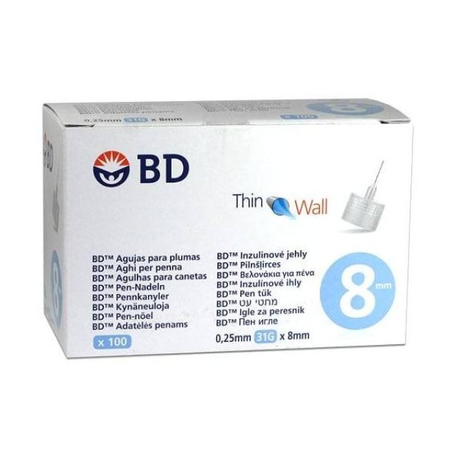 BD Thin Wall Αποστειρωμένες Βελόνες για Πένες Ινσουλίνης 31G 0,25 x 8mm, 100τεμ.