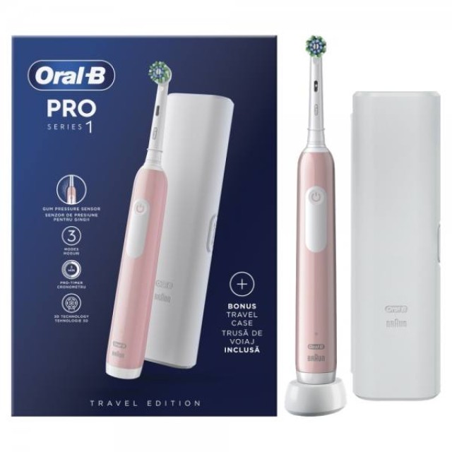 Oral-B Pro Series 1 Electric Toothbrush with Travel Case Ηλεκτρική Οδοντόβουρτσα με Χρονοδιακόπτη & Θήκη Ταξιδίου 1 Τεμάχιο - Ρο