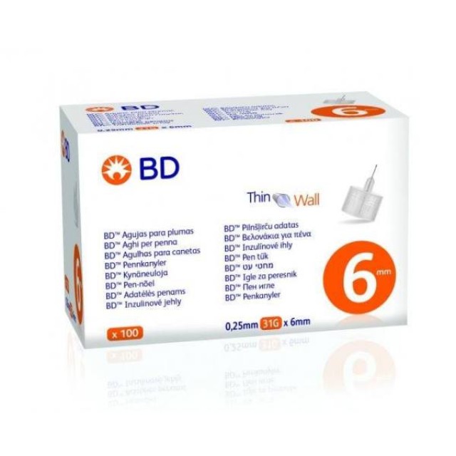 BD Thin Wall Αποστειρωμένες Βελόνες για Πένες Ινσουλίνης 31GX6MM, 100 Tμχ