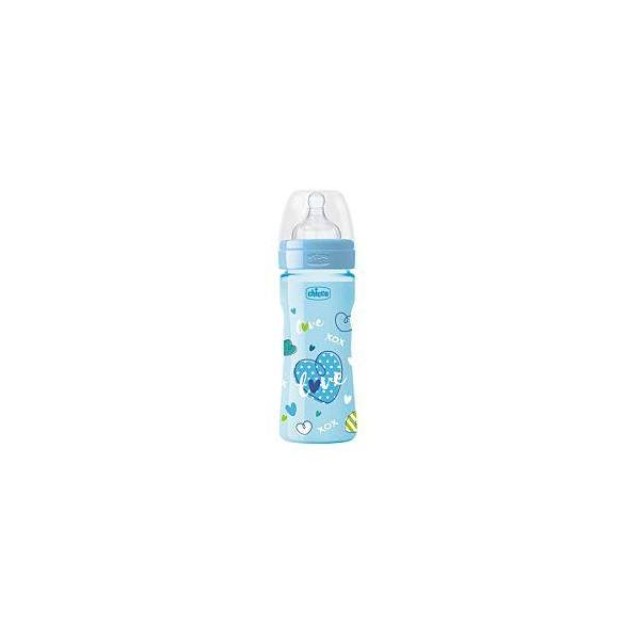 CHICCO Well Being Πλαστικό Μπιμπερό Θηλή Σιλικόνης Μέτριας Ροής Μπλε 2m+ 250ml