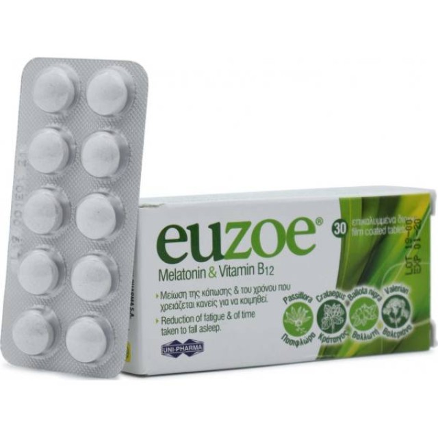 Euzoe Melatonin & Vitamin B12 Συμπληρώματα Διατροφής για την Μείωση της Κόπωσης 30 δισκία.