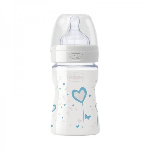 CHICCO Well Being Γυάλινο Μπιμπερό Μπλε Θηλή Σιλικόνης Αργή Ροή 0+ 150ml