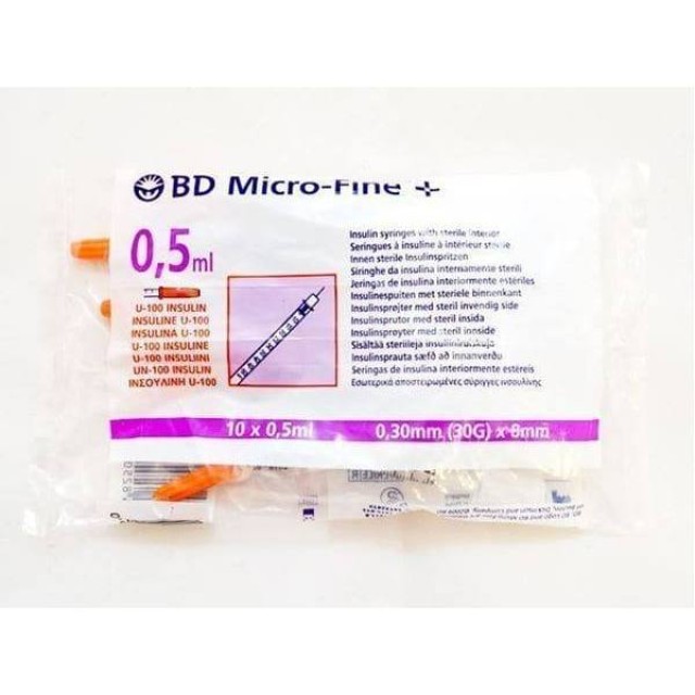 BD Micro-Fine + 8mm, Αποστειρωμένες Σύριγγες Ινσουλίνης 30G 10 x 0,5ml