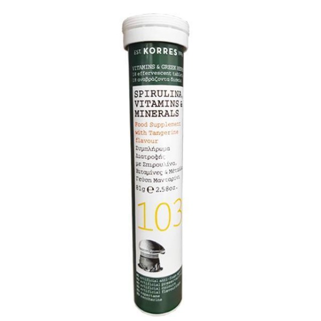 Korres Spirulina, Vitamins & Minerals, Συμπλήρωμα Διατροφής με Σπιρουλίνα & Γεύση Μανταρίνι, 18 αναβράζοντα δισκία